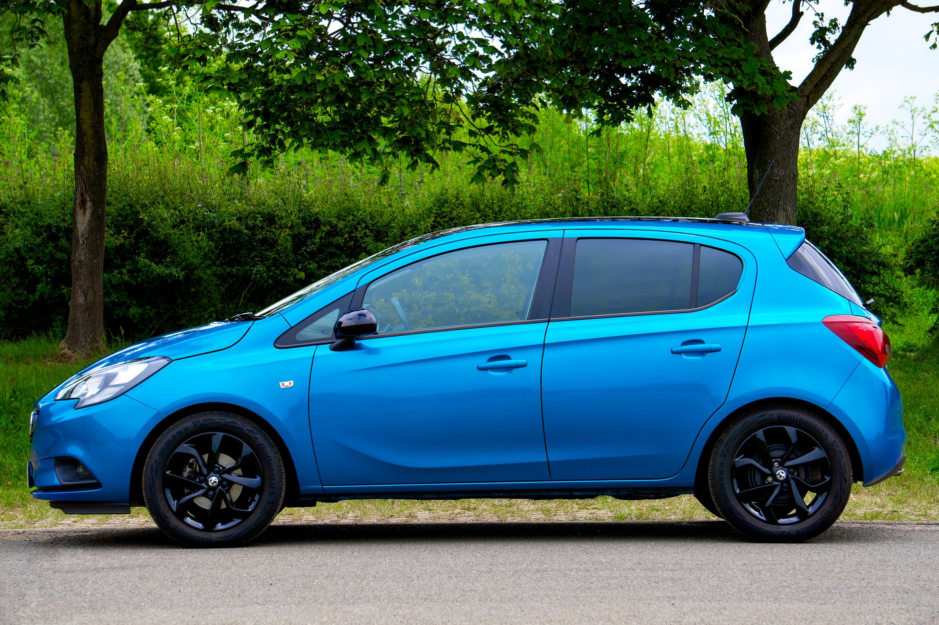 Niebieska Dacia Sandero zaparkowana przy alei drzew w słoneczny dzień
